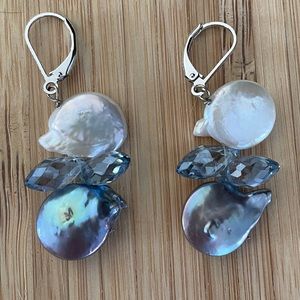 Silver and Blue Coin Pearl Earrings NEW